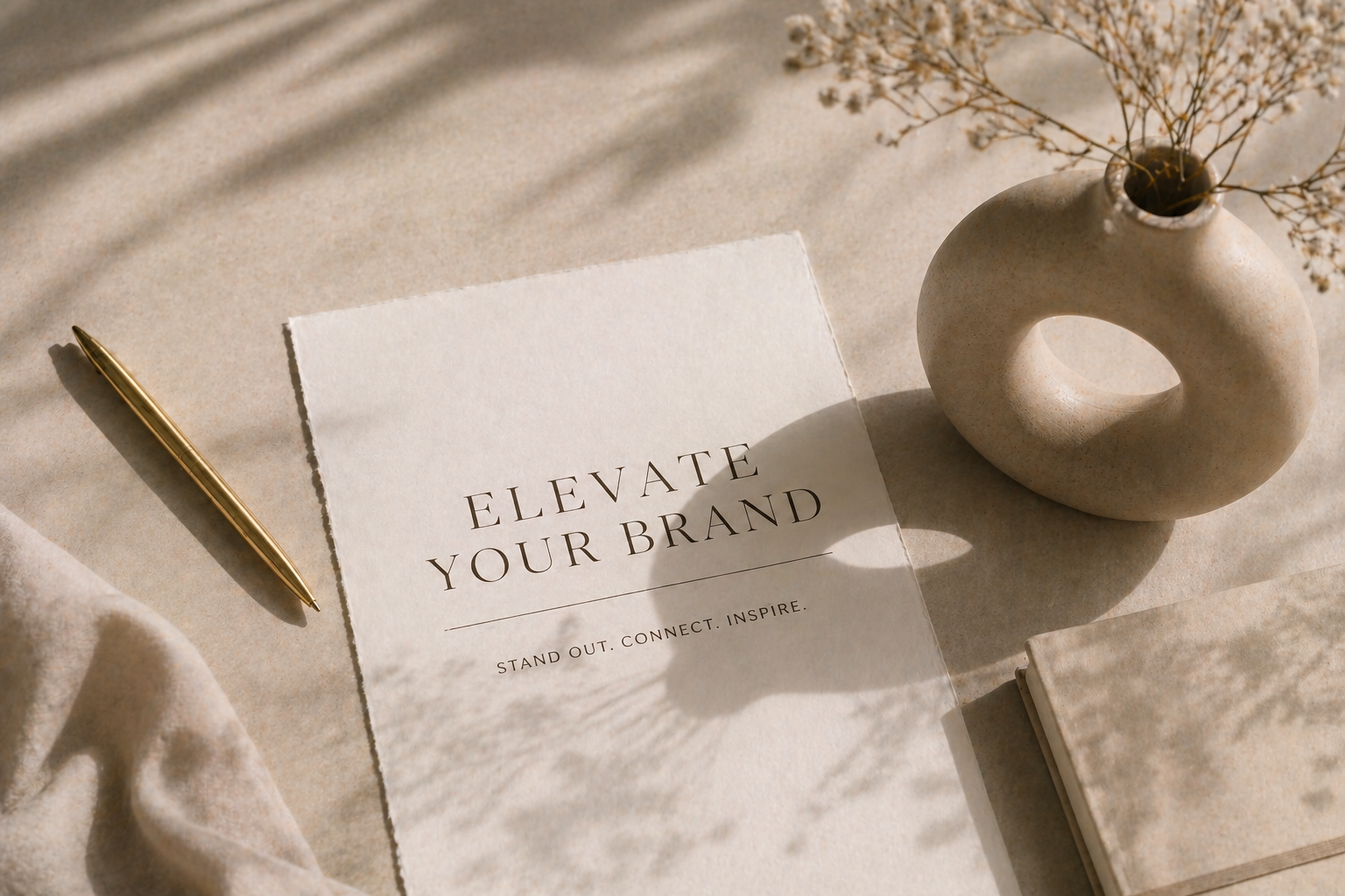 Elevate Your Brand — stand out, connect, inspire — stationery flat-lay