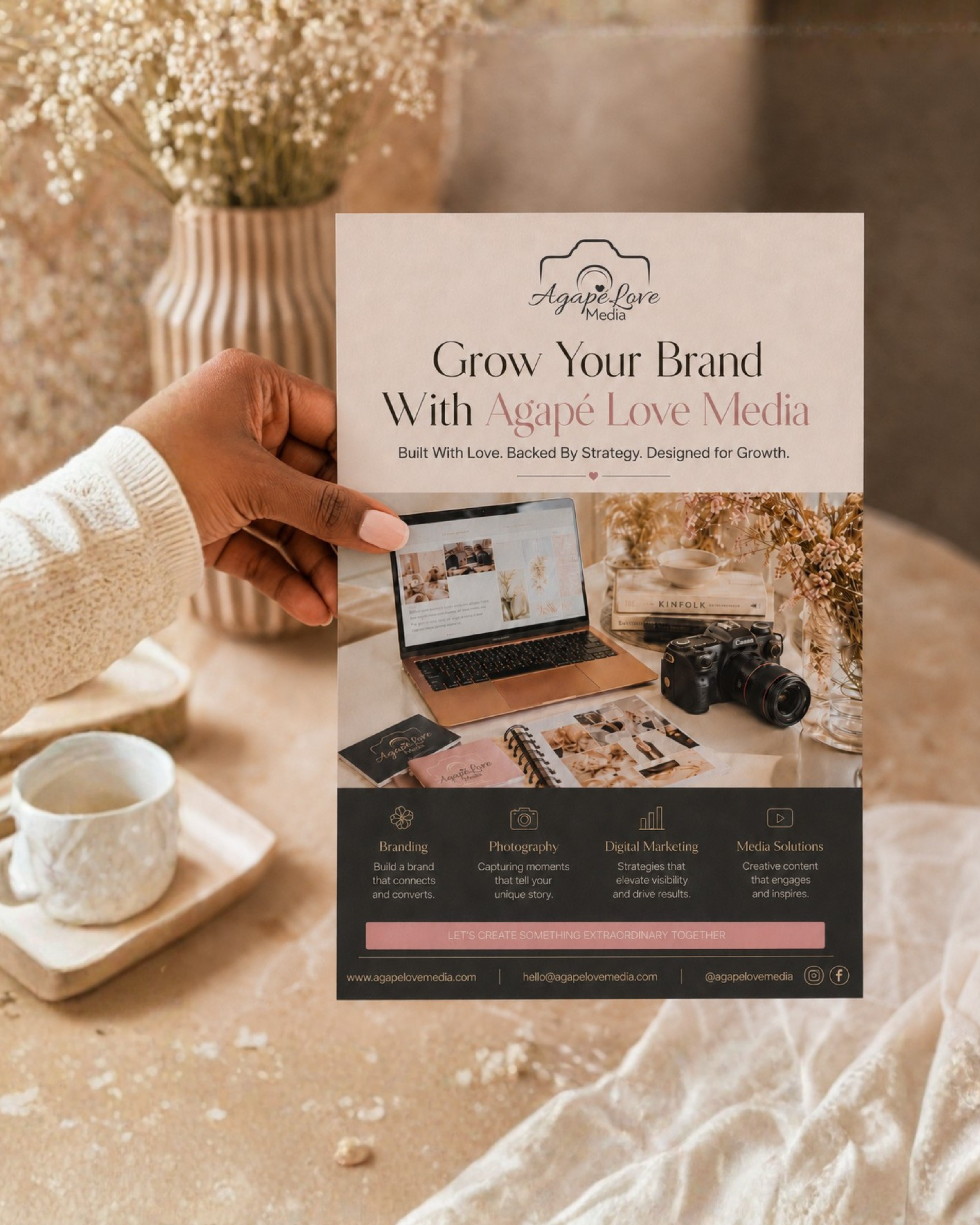 Grow Your Brand with Agapé Love Media — print flyer with services overview