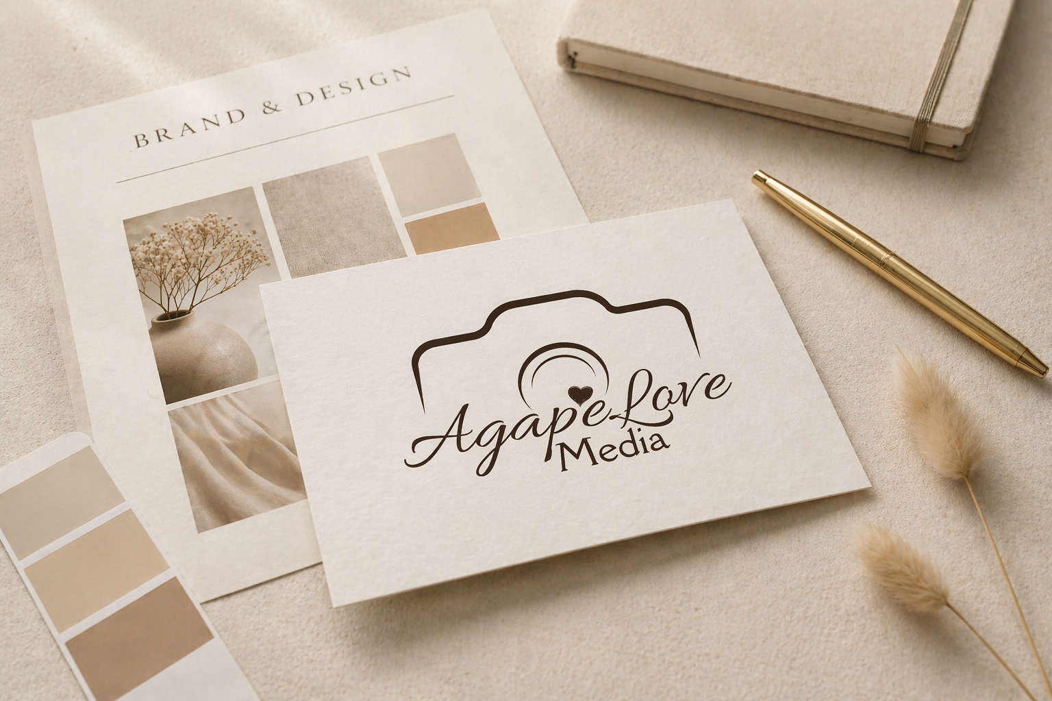 Agapé Love Media brand & design — business card and moodboard flat-lay